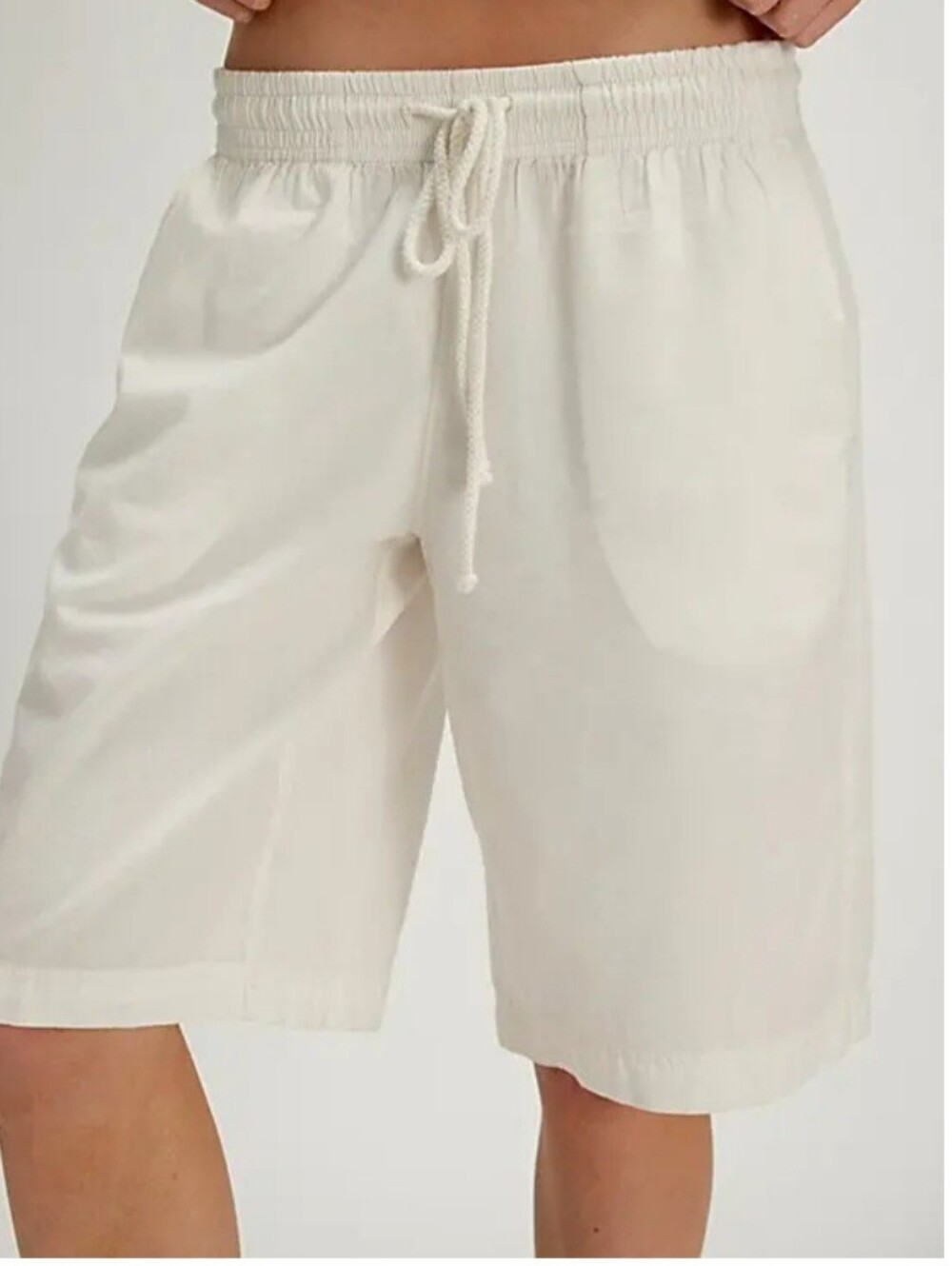 Women's White Drawstring Cotton Bermudas